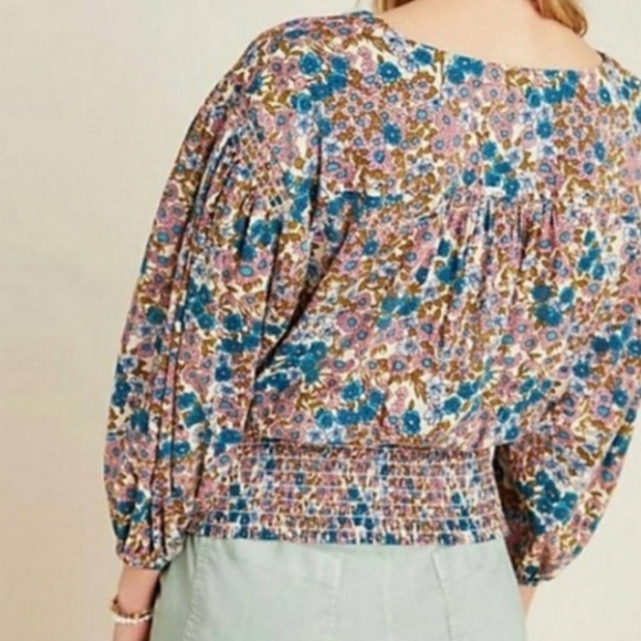 Maeve Anthropologie Odette Smocked Pink Blue Floral Blouse Medium - Picture 10 of 11